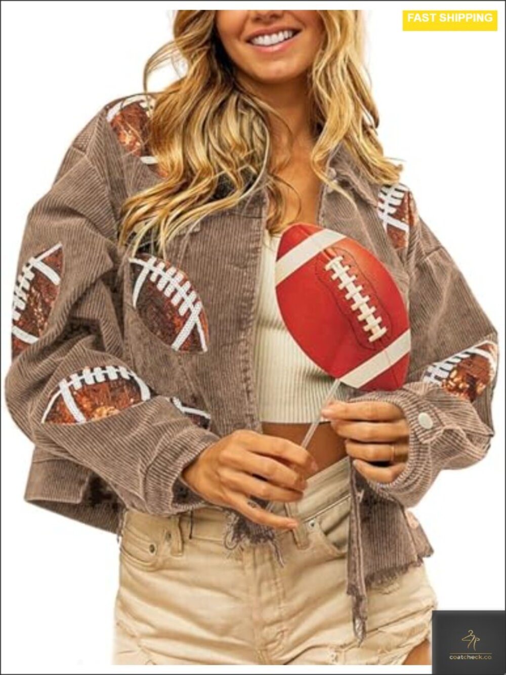 Corduroy Crop Jacket with Sequin Rugby Patch Fringe Hem Women's